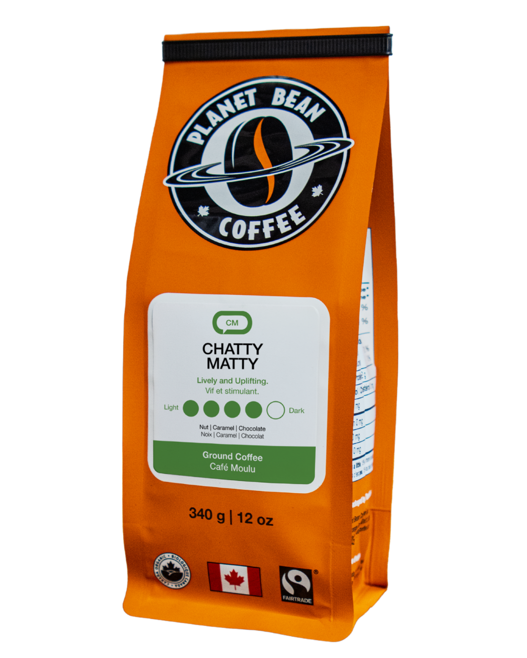 Orange coffee bag with 'Planet Bean Coffee' branding on a white background label that reads Chatty Matty - Ground Coffee