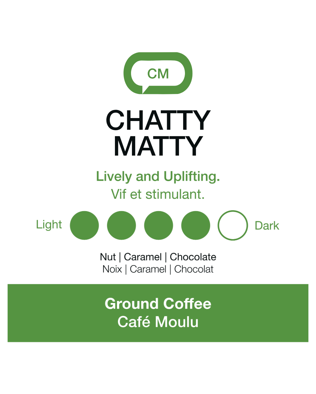Chatty Matty coffee packaging with branding and flavor description on a white background