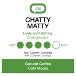 Chatty Matty coffee packaging with branding and flavor description on a white background