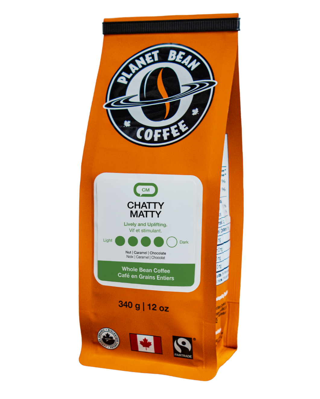 Orange coffee bag with 'Planet Bean Coffee' branding on a white background label that reads Chatty Matty - Whole Bean Coffee