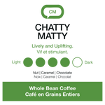 Chatty Matty coffee label with flavor description and branding on a white background
