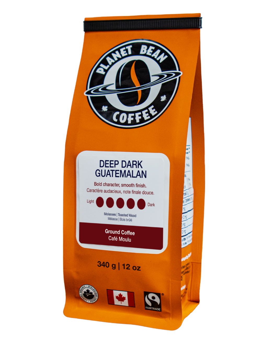 Orange coffee bag labeled 'Planet Bean Coffee' with 'Deep Dark Guatemalan' Ground Coffee on a white background
