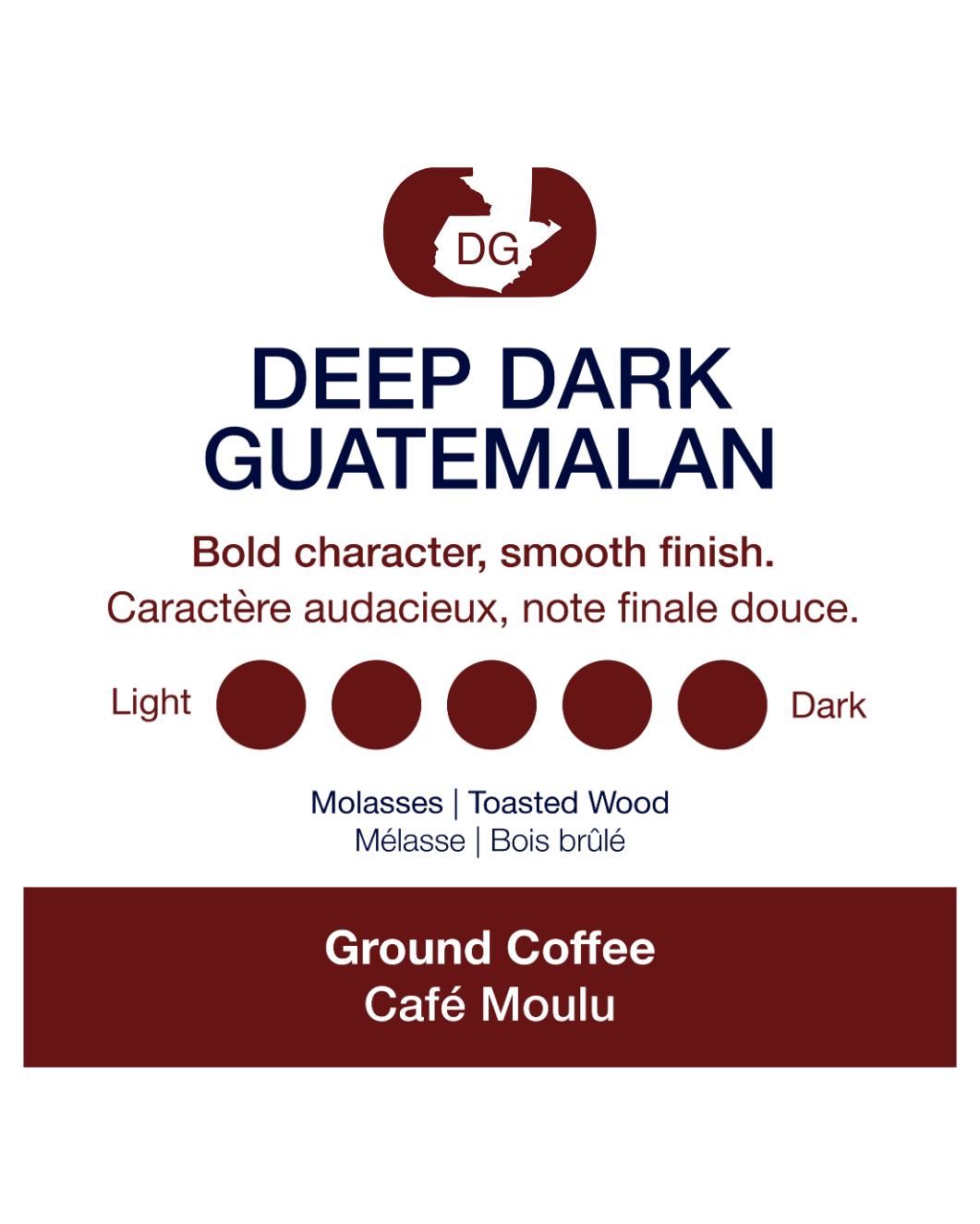 Deep Dark Guatemalan coffee label with branding and flavor description.