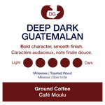 Deep Dark Guatemalan coffee label with branding and flavor description.