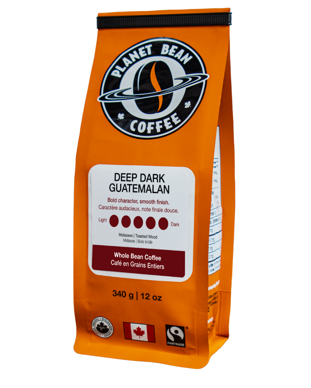 Orange coffee bag labeled 'Planet Bean Coffee' with 'Deep Dark Guatemalan' Whole Bean Coffee on a white background