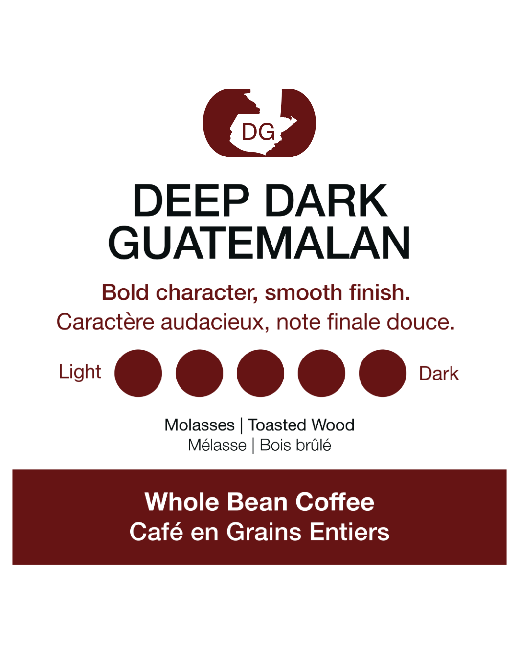 Deep Dark Guatemalan coffee label with branding and flavor description.