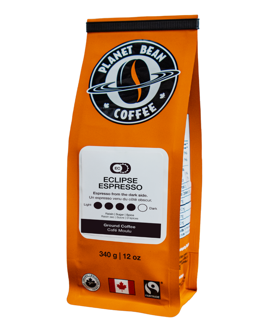 Orange coffee bag labeled 'Planet Bean Coffee' with Eclipse Espresso on a white background label that reads Eclipse Espresso - Ground Coffee