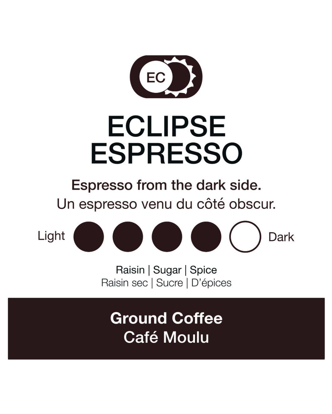 Eclipse Espresso label with coffee flavor options on a white background