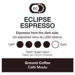 Eclipse Espresso label with coffee flavor options on a white background