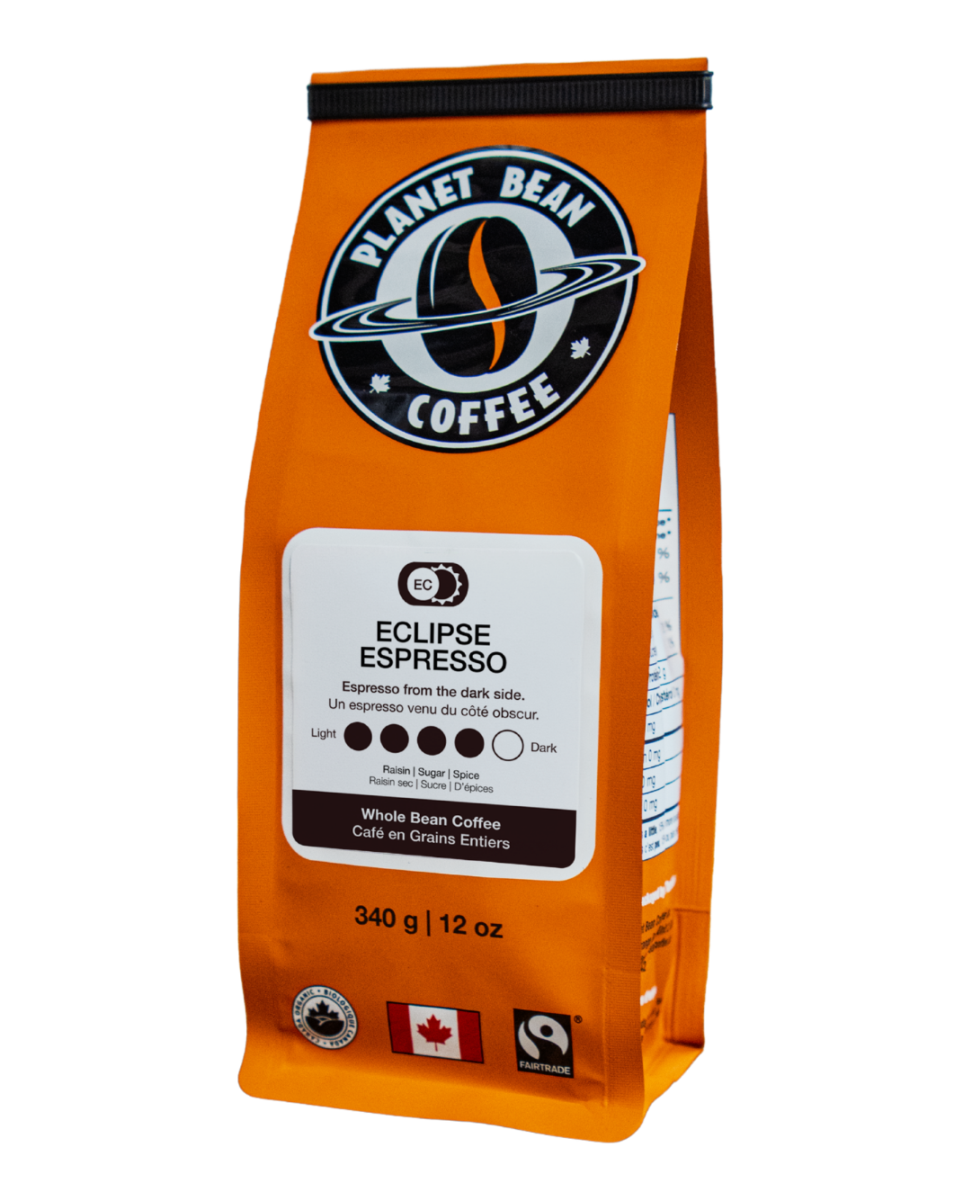 Orange coffee bag labeled 'Planet Bean Coffee' with 'Eclipse Espresso' on a white background label that reads Eclipse Espresso - Whole Bean Coffee