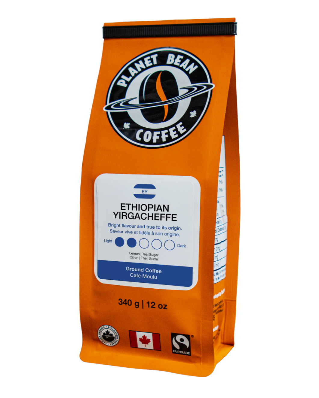 Orange coffee bag with Planet Bean Coffee logo on a white background label that reads Ethiopian Yirgacheffe - Ground Coffee