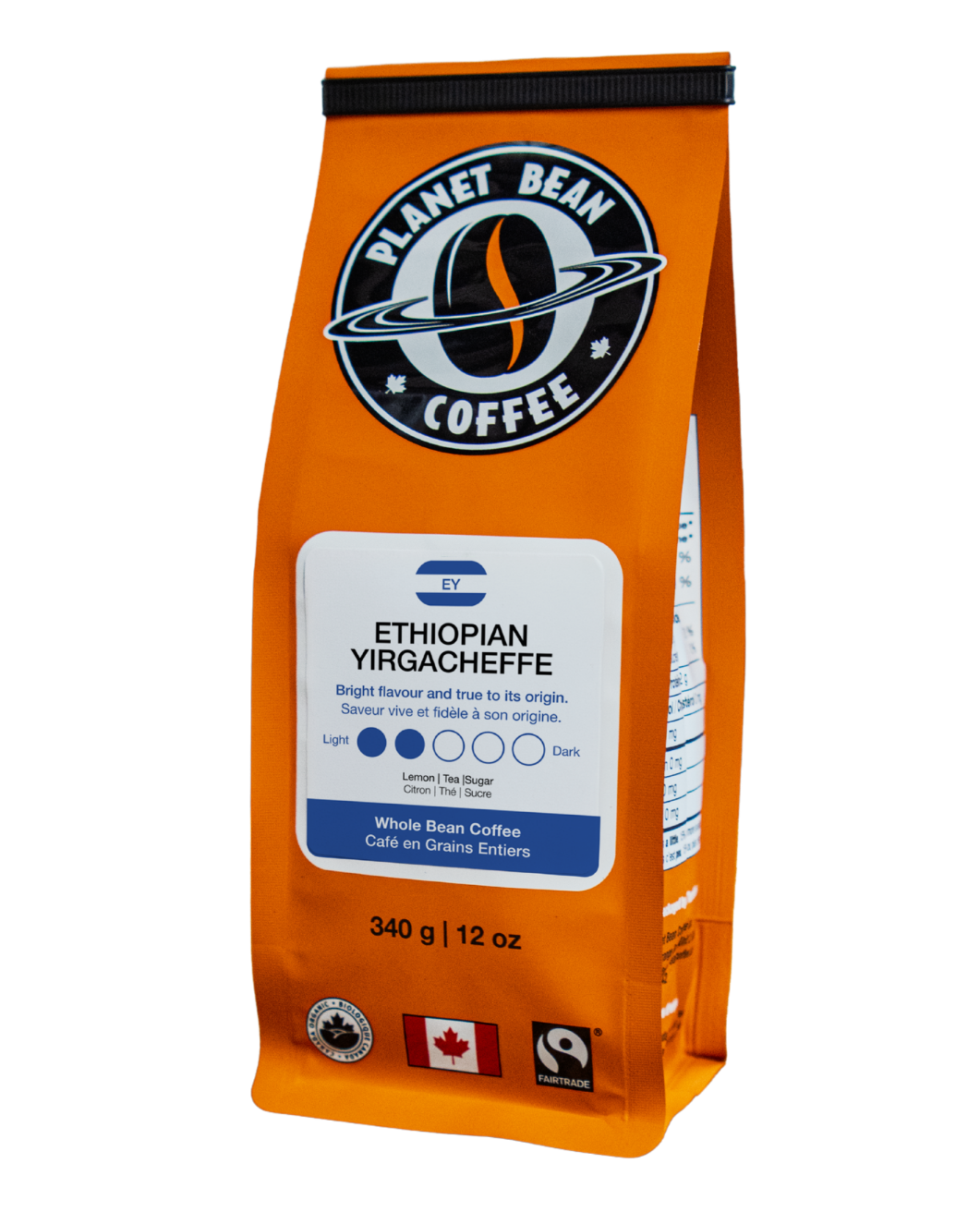 Orange coffee bag with Planet Bean Coffee logo on a white background label that reads Ethiopian Yirgacheffe - Whole Bean Coffee