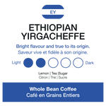 Advertisement for Ethiopian Yirgacheffe coffee with EY logo and flavor options.