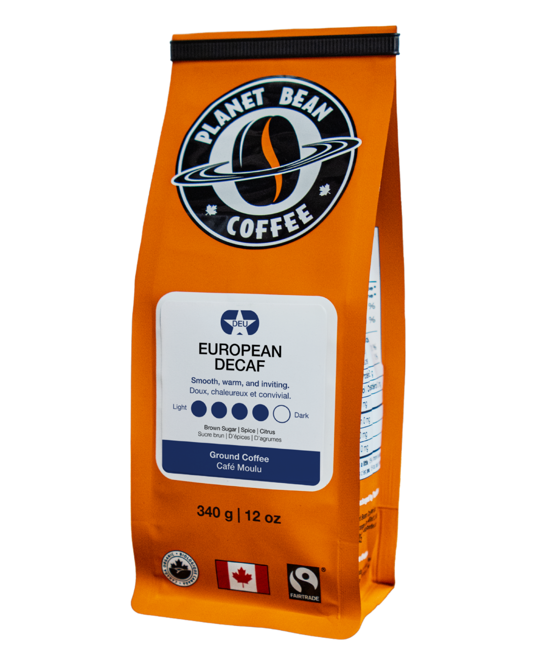 Orange coffee bag labeled 'Planet Bean Coffee' with 'European Decaf' on a white background label that reads European Decaf - Ground Coffee