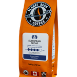 Orange coffee bag labeled 'Planet Bean Coffee' with 'European Decaf' on a white background label that reads European Decaf - Ground Coffee