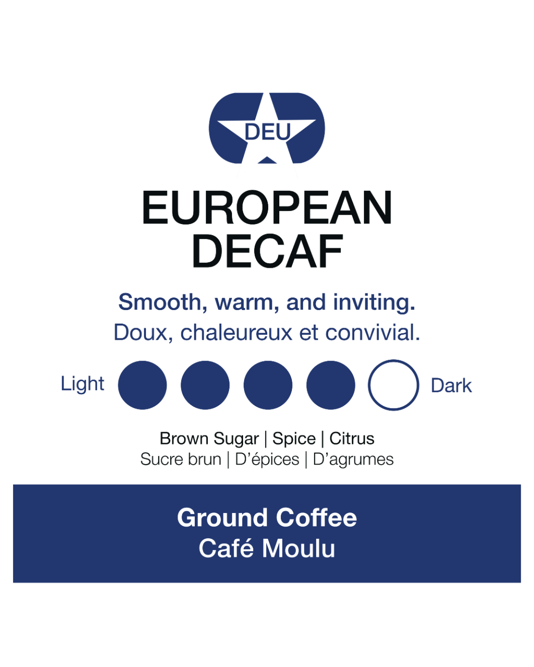 European Decaf coffee packaging with color swatches and flavor descriptions on a white background.