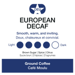 European Decaf coffee packaging with color swatches and flavor descriptions on a white background.