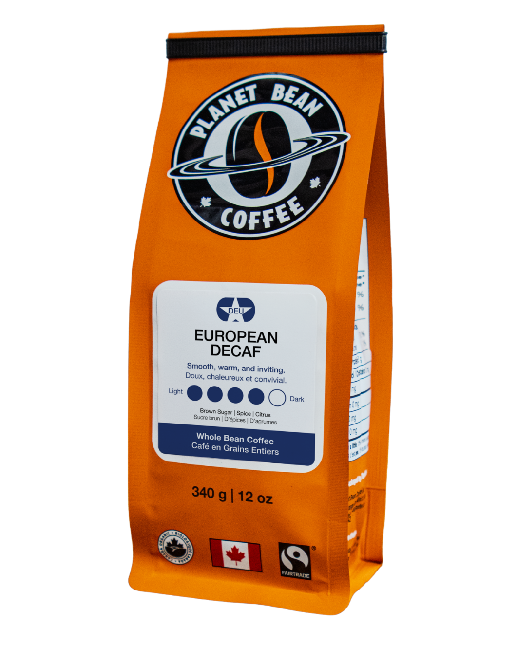 Orange Planet Bean Coffee package with white label on a white background label that reads European Decaf - Whole Bean Coffee