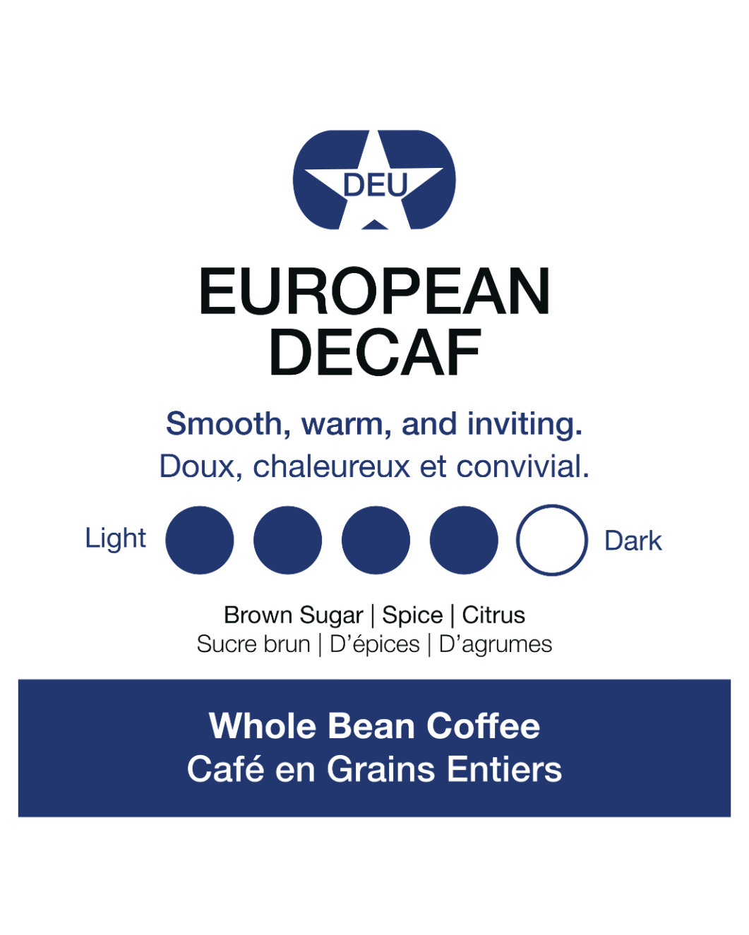European Decaf coffee label with flavor profile and branding elements.