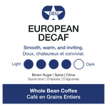 European Decaf coffee label with flavor profile and branding elements.