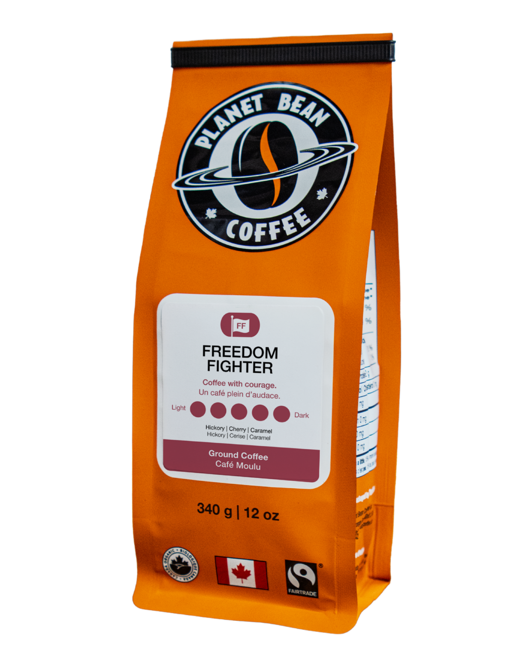 Orange coffee bag with 'Planet Bean Coffee' branding on a white background label that reads Freedom Fighter - Ground Coffee