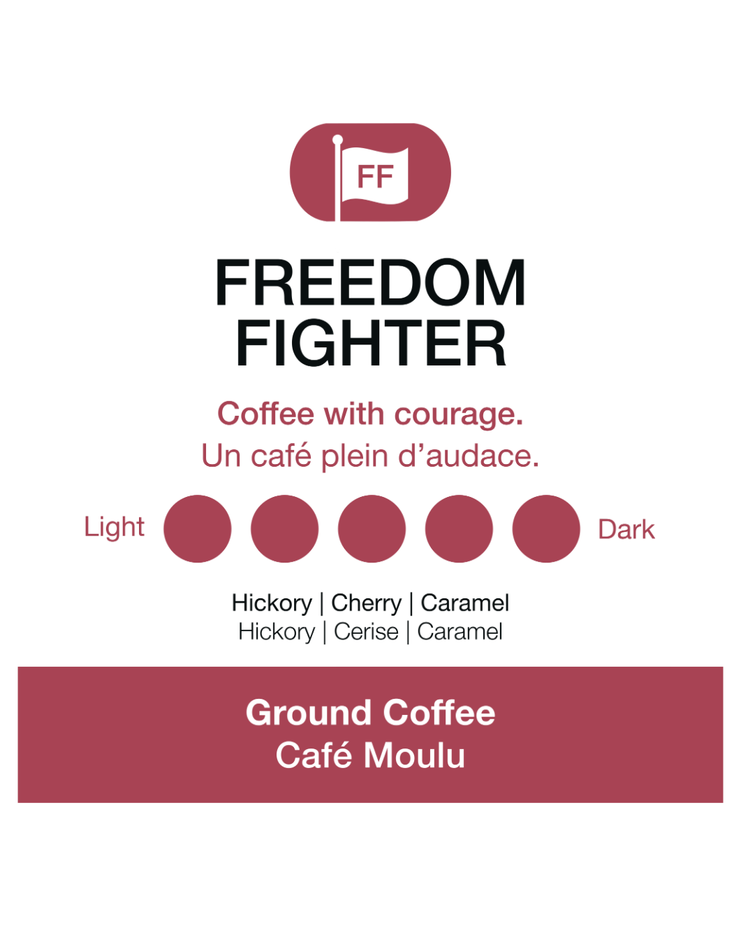 Freedom Fighter coffee packaging with color options and branding elements.