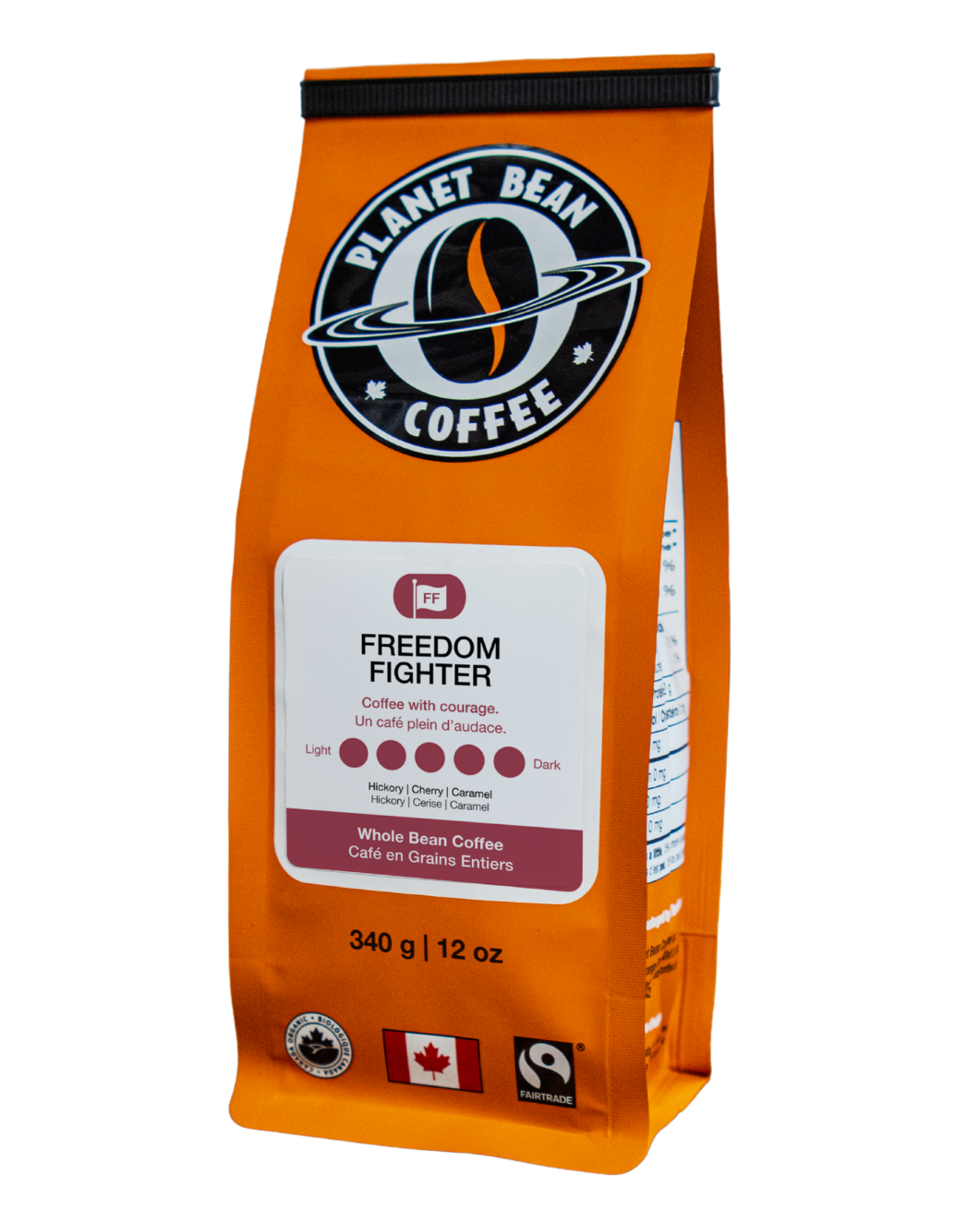 Orange coffee bag labeled 'Freedom Fighter' from Planet Bean Coffee on a white background label that reads Freedom Fighter - Whole Bean Coffee