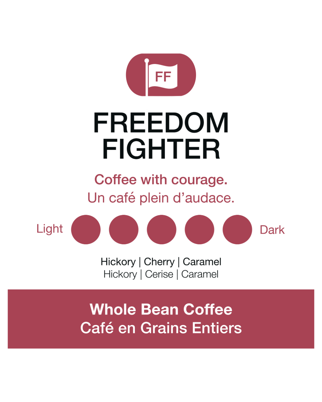 Freedom Fighter coffee brand packaging with color options and description.