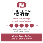 Freedom Fighter coffee brand packaging with color options and description.
