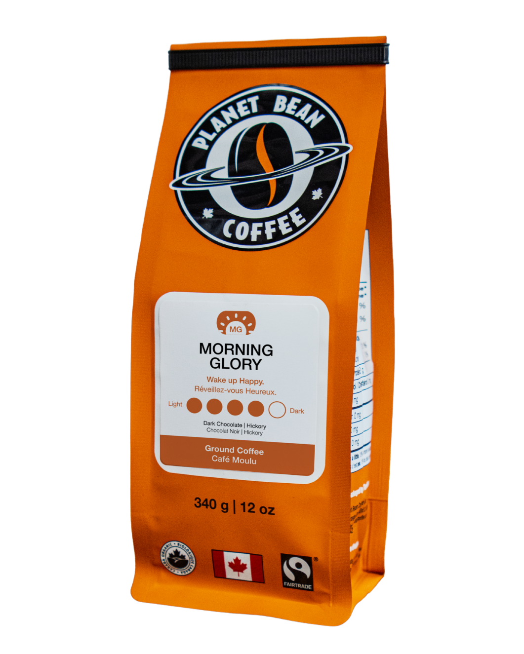 Orange coffee bag labeled 'Morning Glory' Ground Coffee from Planet Bean Coffee on a white background