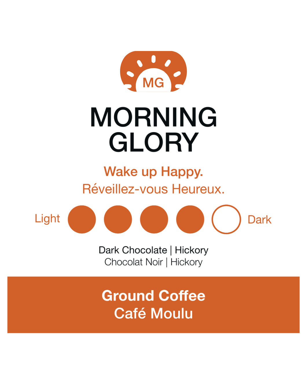 Morning Glory coffee packaging with branding and flavor description on a white background