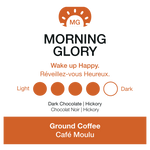 Morning Glory coffee packaging with branding and flavor description on a white background