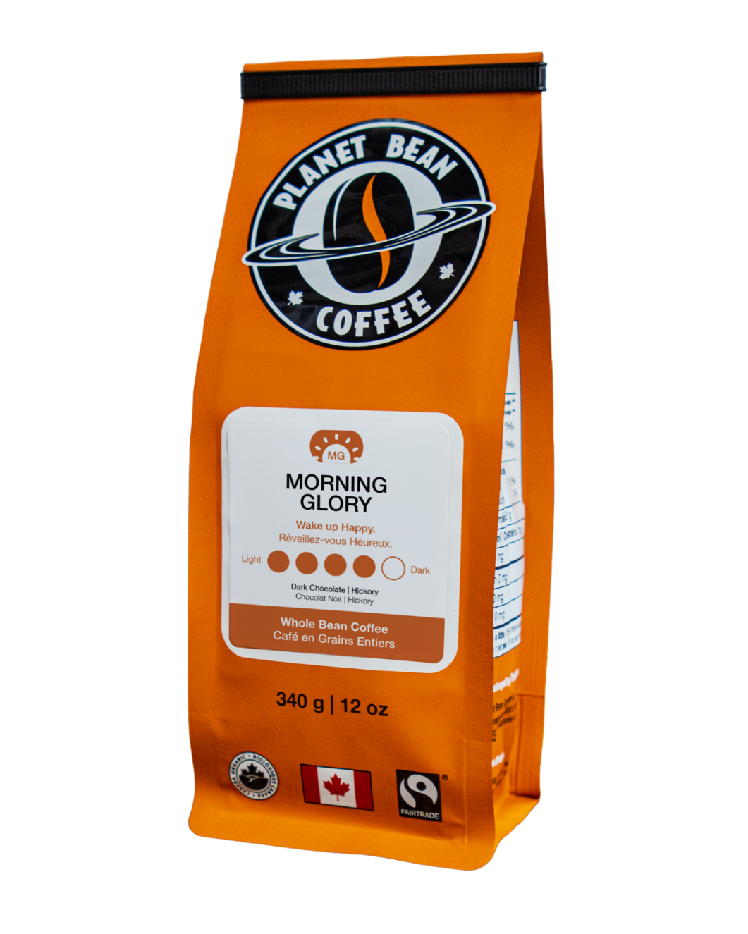 Orange coffee bag with 'Planet Bean Coffee' branding on a white background label that reads Morning Glory - Whole Bean Coffee