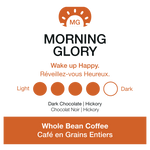Morning Glory coffee packaging with branding and flavor options on a white background
